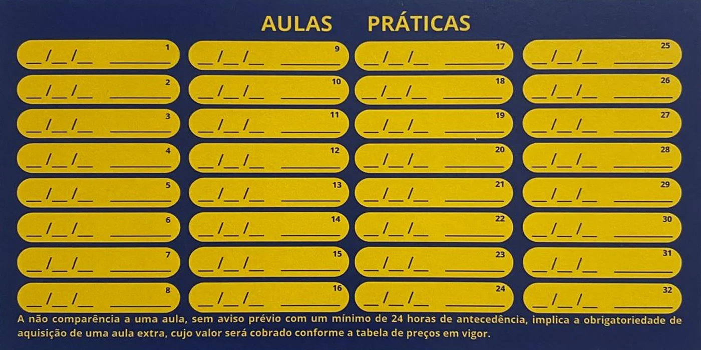 Cartão de aluno das aulas práticas (verso)
